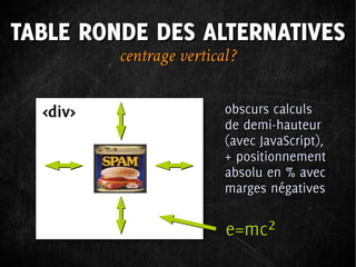TABLE RONDE DES ALTERNATIVES
          centrage vertical ?

  <div>                    obscurs calculs
                           de demi-hauteur
                           (avec JavaScript),
                           + positionnement
                           absolu en % avec
                           marges négatives

                           e=mc²
 