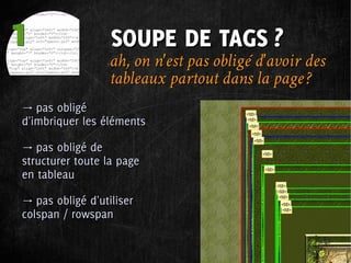 1                 SOUPE DE TAGS ?
                  ah, on n'est pas obligé d'avoir des
                  tableaux partout dans la page ?
→ pas obligé
d'imbriquer les éléments

→ pas obligé de
structurer toute la page
en tableau

→ pas obligé d'utiliser
colspan / rowspan
 