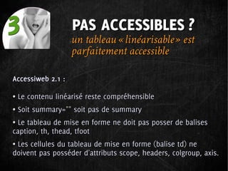 3                   PAS ACCESSIBLES ?
                   un tableau « linéarisable » est
                   parfaitement accessible

Accessiweb 2.1 :

●
●   Le contenu linéarisé reste compréhensible
●
●   Soit summary="" soit pas de summary
●
● Le tableau de mise en forme ne doit pas posser de balises
caption, th, thead, tfoot
●
●Les cellules du tableau de mise en forme (balise td) ne
doivent pas posséder d'attributs scope, headers, colgroup, axis.
 