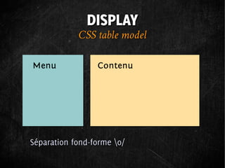 DISPLAY
            CSS table model




Séparation fond-forme o/
 
