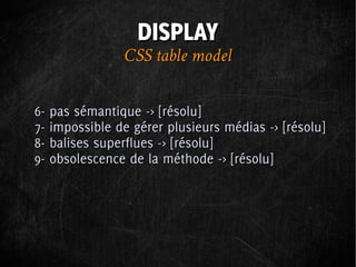 DISPLAY
               CSS table model

6- pas sémantique -> [résolu]
7- impossible de gérer plusieurs médias -> [résolu]
8- balises superflues -> [résolu]
9- obsolescence de la méthode -> [résolu]
 
