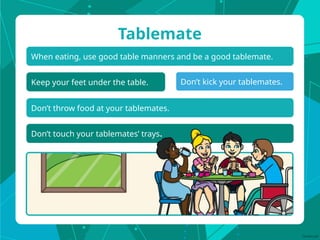When eating, use good table manners and be a good tablemate.
Tablemate
Keep your feet under the table. Don’t kick your tablemates.
Don’t throw food at your tablemates.
Don’t touch your tablemates’ trays.
 