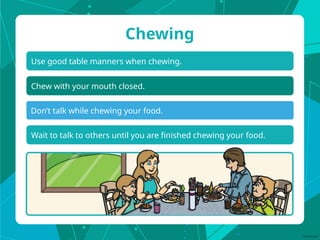 Use good table manners when chewing.
Chewing
Chew with your mouth closed.
Don’t talk while chewing your food.
Wait to talk to others until you are finished chewing your food.
 