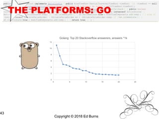 Copyright © 2018 Ed Burns
43
THE PLATFORMS: GO
0
2
4
6
8
10
12
0 5 10 15 20 25
Golang: Top 20 Stackoverflow answerers, answers *1k
 