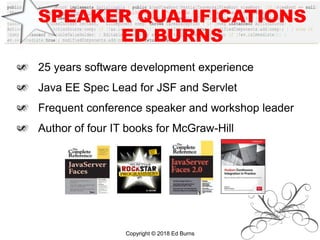 SPEAKER QUALIFICATIONS
ED BURNS
Copyright © 2018 Ed Burns
25 years software development experience
Java EE Spec Lead for JSF and Servlet
Frequent conference speaker and workshop leader
Author of four IT books for McGraw-Hill
 
