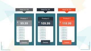 Product 1
• Feature 1
• Feature 2
• Feature 3
• Feature 4
• Feature 5
• Feature 6
• Feature 7
• Feature 8
99.99
Details
$
Product 2
• Feature 1
• Feature 2
• Feature 3
• Feature 4
• Feature 5
• Feature 6
• Feature 7
• Feature 8
109.99
Details
$
Product 3
• Feature 1
• Feature 2
• Feature 3
• Feature 4
• Feature 5
• Feature 6
• Feature 7
• Feature 8
119.99
Details
$
Ideal for XX Ideal for XX Ideal for XX
 
