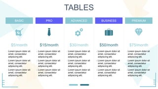 TABLES
BASIC PRO ADVANCED BUSINESS PREMIUM
$5/month $15/month $30/month $50/month $75/month
› Lorem ipsum dolor sit
amet, consectetur
adipiscing elit.
› Lorem ipsum dolor sit
amet, consectetur
adipiscing elit.
› Lorem ipsum dolor sit
amet, consectetur
adipiscing elit.
› Lorem ipsum dolor sit
amet, consectetur
adipiscing elit.
› Lorem ipsum dolor sit
amet, consectetur
adipiscing elit.
› Lorem ipsum dolor sit
amet, consectetur
adipiscing elit.
› Lorem ipsum dolor sit
amet, consectetur
adipiscing elit.
› Lorem ipsum dolor sit
amet, consectetur
adipiscing elit.
› Lorem ipsum dolor sit
amet, consectetur
adipiscing elit.
› Lorem ipsum dolor sit
amet, consectetur
adipiscing elit.
› Lorem ipsum dolor sit
amet, consectetur
adipiscing elit.
› Lorem ipsum dolor sit
amet, consectetur
adipiscing elit.
› Lorem ipsum dolor sit
amet, consectetur
adipiscing elit.
› Lorem ipsum dolor sit
amet, consectetur
adipiscing elit.
› Lorem ipsum dolor sit
amet, consectetur
adipiscing elit.
 