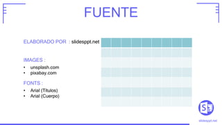 FUENTE
ELABORADO POR : slidesppt.net
IMAGES :
• unsplash.com
• pixabay.com
FONTS :
• Arial (Títulos)
• Arial (Cuerpo)
slidesppt.net
 