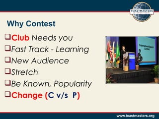 Why Contest
Club Needs you
Fast Track - Learning
New Audience
Stretch
Be Known, Popularity
Change (C v/s P)
 