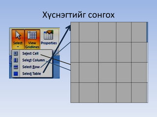 Хүснэгтийг сонгох 
 
