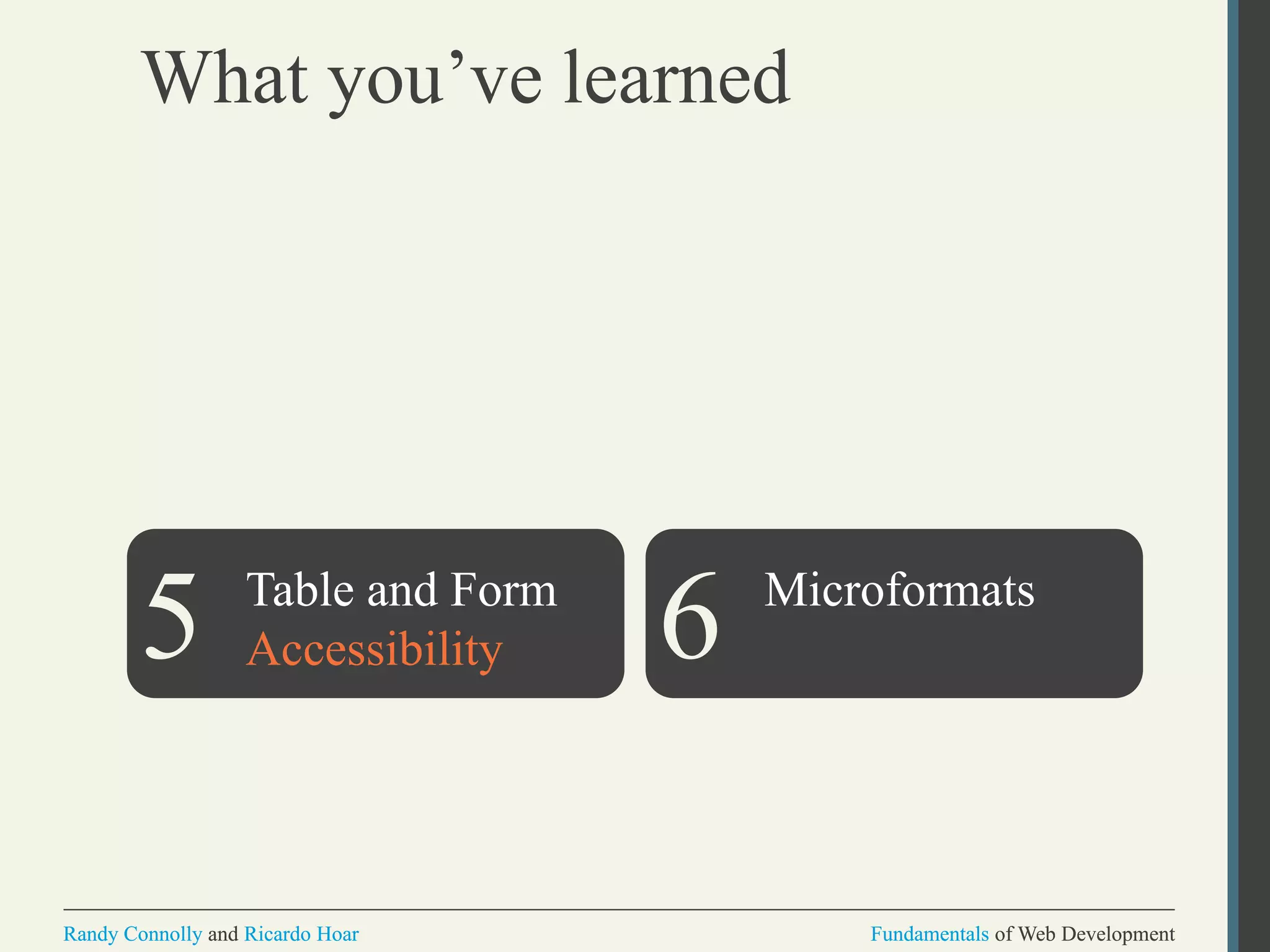 Fundamentals of Web DevelopmentRandy Connolly and Ricardo Hoar Fundamentals of Web DevelopmentRandy Connolly and Ricardo Hoar
What you’ve learned
Table and Form
Accessibility
Microformats
5 6
7
 