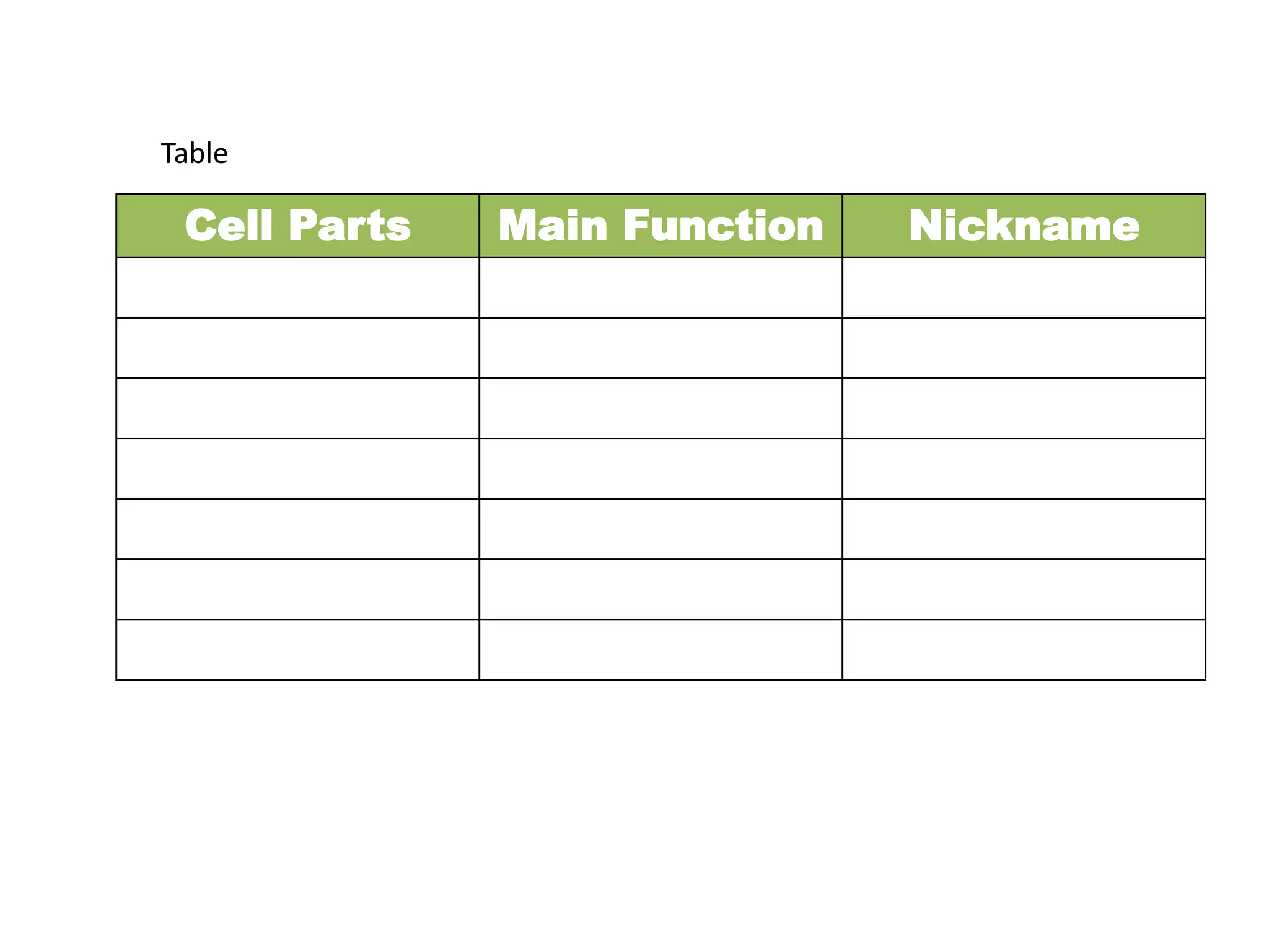 Table
Cell Parts
Main Function
Nickname