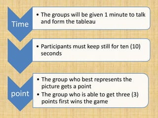 • The groups will be given 1 minute to talk
          and form the tableau
Time

        • Participants must keep still for ten (10)
          seconds



        • The group who best represents the
          picture gets a point
point   • The group who is able to get three (3)
          points first wins the game
 