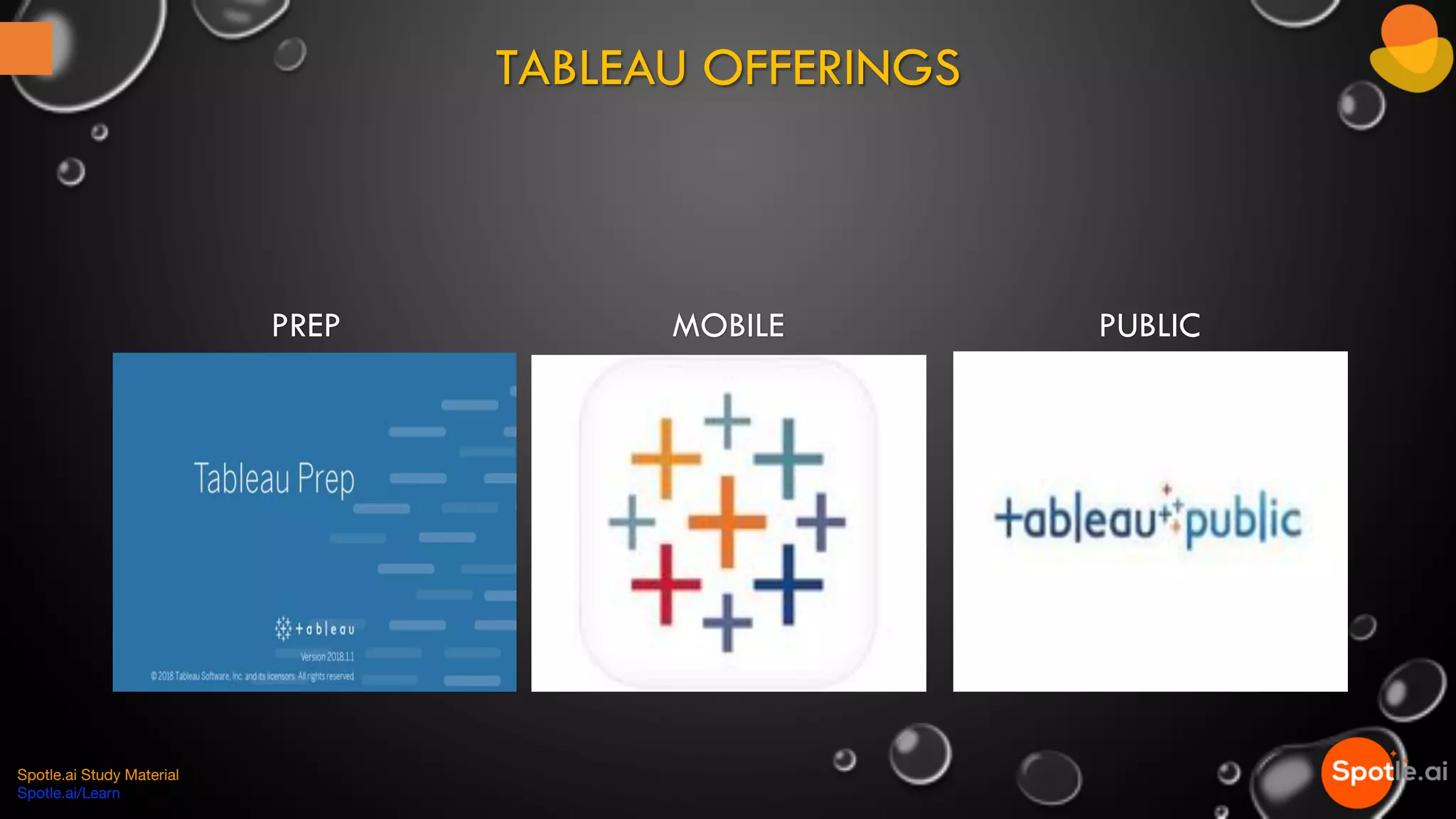 PREP MOBILE PUBLIC
Spotle.ai Study Material
Spotle.ai/Learn
TABLEAU OFFERINGS
 