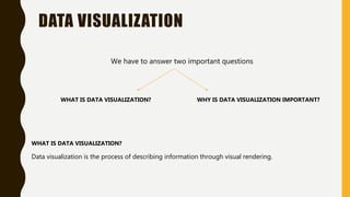 DATA VISUALIZATION
We have to answer two important questions
WHAT IS DATA VISUALIZATION? WHY IS DATA VISUALIZATION IMPORTA...