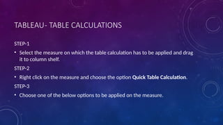 TABLEAU- TABLE CALCULATIONS
STEP-1
• Select the measure on which the table calculation has to be applied and drag
it to column shelf.
STEP-2
• Right click on the measure and choose the option Quick Table Calculation.
STEP-3
• Choose one of the below options to be applied on the measure.
 
