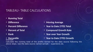 TABLEAU- TABLE CALCULATIONS
• Running Total
• Difference
• Percent Difference
• Percent of Total
• Rank
• Percentile
• Moving Average
• Year to Date (YTD) Total
• Compound Growth Rate
• Year over Year Growth
• Year to Date (YTD) Growth
Example
Calculate the running total of the profits earned for the data source following the
above steps. Use the data source named sample – superstore.xls.
 