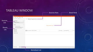 TABLEAU WINDOW Sources Pane Sheet Pane
Sources
List
Sheets
List
Worksheet List
 