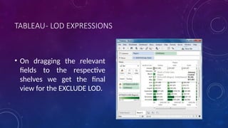 TABLEAU- LOD EXPRESSIONS
• On dragging the relevant
fields to the respective
shelves we get the final
view for the EXCLUDE LOD.
 