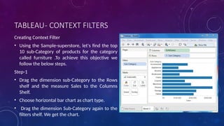 TABLEAU- CONTEXT FILTERS
Creating Context Filter
• Using the Sample-superstore, let's find the top
10 sub-Category of products for the category
called furniture .To achieve this objective we
follow the below steps.
Step-1
• Drag the dimension sub-Category to the Rows
shelf and the measure Sales to the Columns
Shelf.
• Choose horizontal bar chart as chart type.
• Drag the dimension Sub-Category again to the
filters shelf. We get the chart.
 