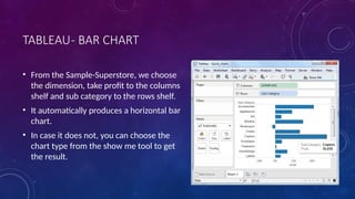 TABLEAU- BAR CHART
• From the Sample-Superstore, we choose
the dimension, take profit to the columns
shelf and sub category to the rows shelf.
• It automatically produces a horizontal bar
chart.
• In case it does not, you can choose the
chart type from the show me tool to get
the result.
 