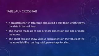 TABLEAU- CROSSTAB
• A crosstab chart in tableau is also called a Text table which shows
the data in textual form.
• The chart is made up of one or more dimension and one or more
measures.
• This chart can also show various calculations on the values of the
measure field like running total, percentage total etc.
 