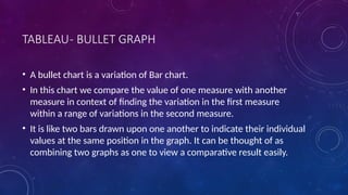 TABLEAU- BULLET GRAPH
• A bullet chart is a variation of Bar chart.
• In this chart we compare the value of one measure with another
measure in context of finding the variation in the first measure
within a range of variations in the second measure.
• It is like two bars drawn upon one another to indicate their individual
values at the same position in the graph. It can be thought of as
combining two graphs as one to view a comparative result easily.
 