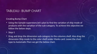TABLEAU- BUMP CHART
Creating Bump Chart
• Using the Sample-superstore,let's plan to find the variation of ship mode of
products with the variation of the sub-category. To achieve this objective we
follow the below steps.
• Step-1
• Drag and drop the dimension sub-category to the columns shelf. Also drag the
dimension Ship mode to the color shelf under Marks card. Leave the chart
type to Automatic.Then we get the below chart.
 