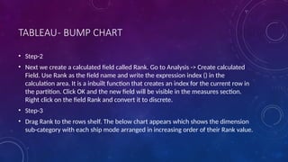 TABLEAU- BUMP CHART
• Step-2
• Next we create a calculated field called Rank. Go to Analysis -> Create calculated
Field. Use Rank as the field name and write the expression index () in the
calculation area. It is a inbuilt function that creates an index for the current row in
the partition. Click OK and the new field will be visible in the measures section.
Right click on the field Rank and convert it to discrete.
• Step-3
• Drag Rank to the rows shelf. The below chart appears which shows the dimension
sub-category with each ship mode arranged in increasing order of their Rank value.
 