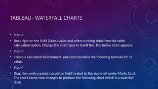 TABLEAU- WATERFALL CHARTS
• Step-2
• Next right on the SUM (Sales) value and select running total from the table
calculation option. Change the chart type to Gantt Bar. The below chart appears.
• Step-3
• Create a calculated field named -sales and mention the following formula for its
value.
• Step-4
• Drag the newly created calculated field (-sales) to the size shelf under Marks Card.
The chart above now changes to produce the following chart which is a waterfall
chart.
 