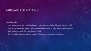TABLEAU- FORMATTING
Format Borders
• Let’s see a crosstab chart with Sub-Category in the Columns shelf and State in the Rows shelf.
• Now we can change the borders of the crosstab table created by using the formatting options.
• Right click on crosstab chart and choose Format.
• The Format Borders appear in the left pane. Choose the options as shown below.
 