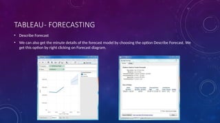 TABLEAU- FORECASTING
• Describe Forecast
• We can also get the minute details of the forecast model by choosing the option Describe Forecast. We
get this option by right clicking on Forecast diagram.
 