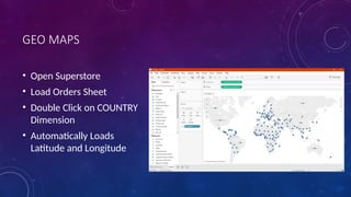 GEO MAPS
• Open Superstore
• Load Orders Sheet
• Double Click on COUNTRY
Dimension
• Automatically Loads
Latitude and Longitude
 