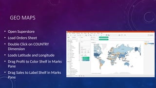 GEO MAPS
• Open Superstore
• Load Orders Sheet
• Double Click on COUNTRY
Dimension
• Loads Latitude and Longitude
• Drag Profit to Color Shelf in Marks
Pane
• Drag Sales to Label Shelf in Marks
Pane
 