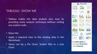 TABLEAU- SHOW ME
• Tableau makes the data analysis very easy by
providing many analysis technique without writing
any custom code.
• Show Me.
• Apply a required view to the existing data in the
Worksheet.
• Views can be a Pie Chart, Scatter Plot or a Line
Chart.
 
