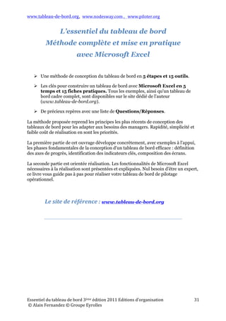 www.tableau-de-bord.org, www.nodesway.com	
  ,	
  	
  	
  www.piloter.org	
  
Essentiel	
  du	
  tableau	
  de	
  bord	
  4ème	
  édition	
  2013	
  Editions	
  d’organisation	
  
	
  ©	
  Alain	
  Fernandez	
  ©	
  Groupe	
  Eyrolles	
  	
  
31	
  
Au cours de sa carrière, Alain Fernandez a formé plusieurs centaines de
managers, consultants et chefs de projet et a enseigné en France et à
l'étranger. Conseil, expert et formateur international, spécialiste du
déploiement de projets IT, il a conçu et réalisé maints systèmes décisionnels
et tableaux de bord de pilotage, en utilisant la méthode Gimsi®
Du	
  même	
  auteur,	
  chez	
  le	
  même	
  éditeur	
  
	
  
Les nouveaux tableaux de bord des
managers
Le projet décisionnel en totalité
5ème édition 2011
www.nodesway.com
À son compte,
De salarié à entrepreneur indépendant,
le guide pratique
1ère édition 2012
www.asoncompte.com
Le chef de projet efficace  12 bonnes
pratiques pour une démarche
dʼentrepreneur
4 ème édition 2011
www.chef-de-projet.org
Le bon usage des technologies expliqué
au manager
Les technologies de lʼinformation
expliquées en terme dʼusage
www.piloter.org
	
  
 
