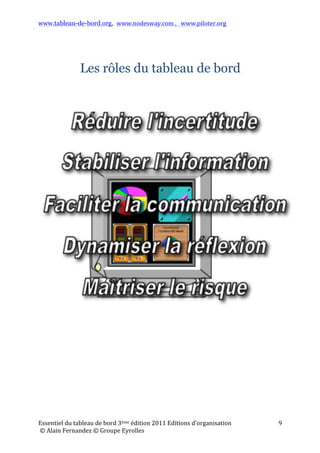 www.tableau-de-bord.org, www.nodesway.com	
  ,	
  	
  	
  www.piloter.org	
  
Essentiel	
  du	
  tableau	
  de	
  bord	
  4ème	
  édition	
  2013	
  Editions	
  d’organisation	
  
	
  ©	
  Alain	
  Fernandez	
  ©	
  Groupe	
  Eyrolles	
  	
  
9	
  
Les rôles du tableau de bord
 
