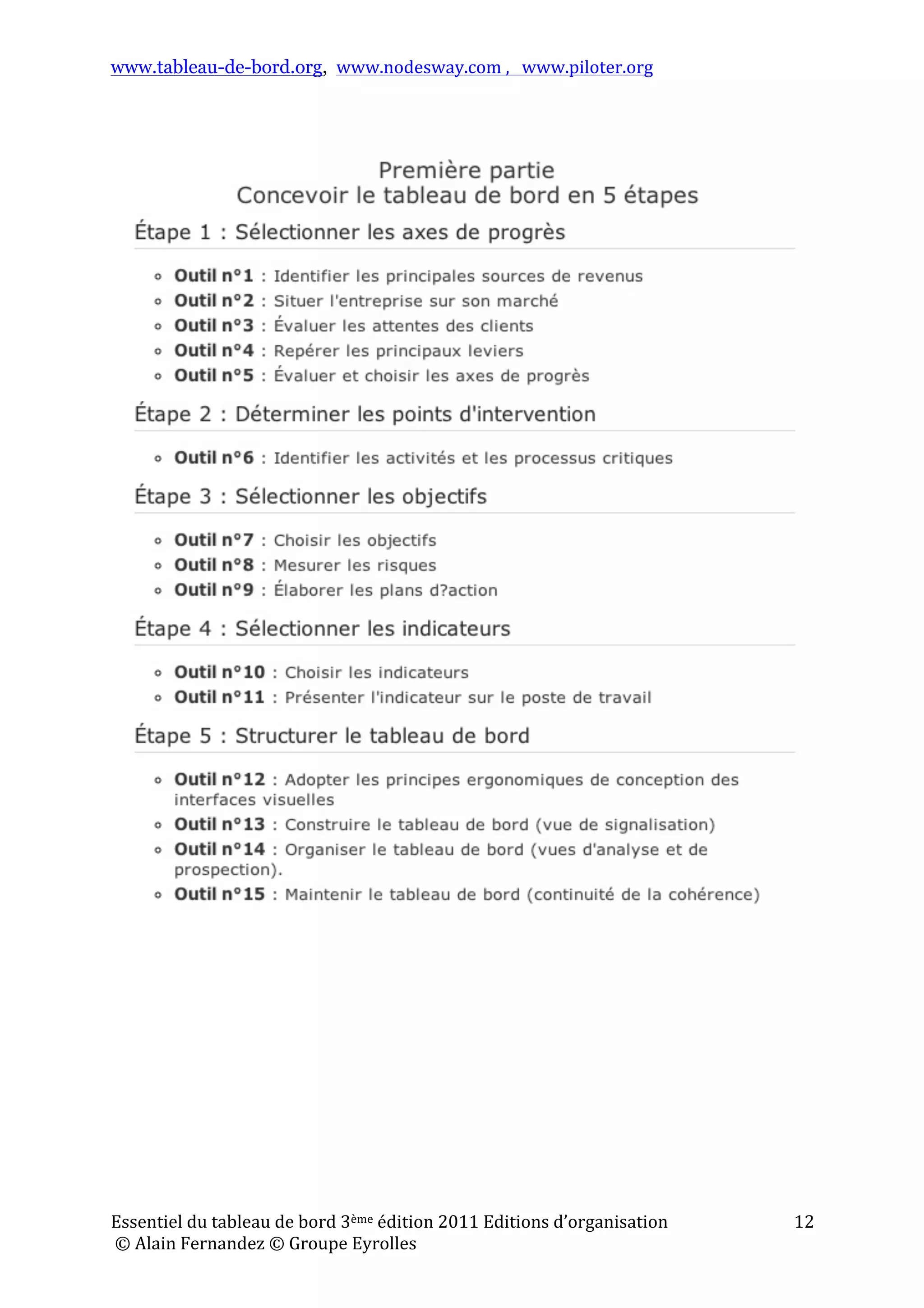 www.tableau-de-bord.org, www.nodesway.com	
  ,	
  	
  	
  www.piloter.org	
  
Essentiel	
  du	
  tableau	
  de	
  bord	
  3ème	
  édition	
  2011	
  Editions	
  d’organisation	
  
	
  ©	
  Alain	
  Fernandez	
  ©	
  Groupe	
  Eyrolles	
  	
  
12	
  
 