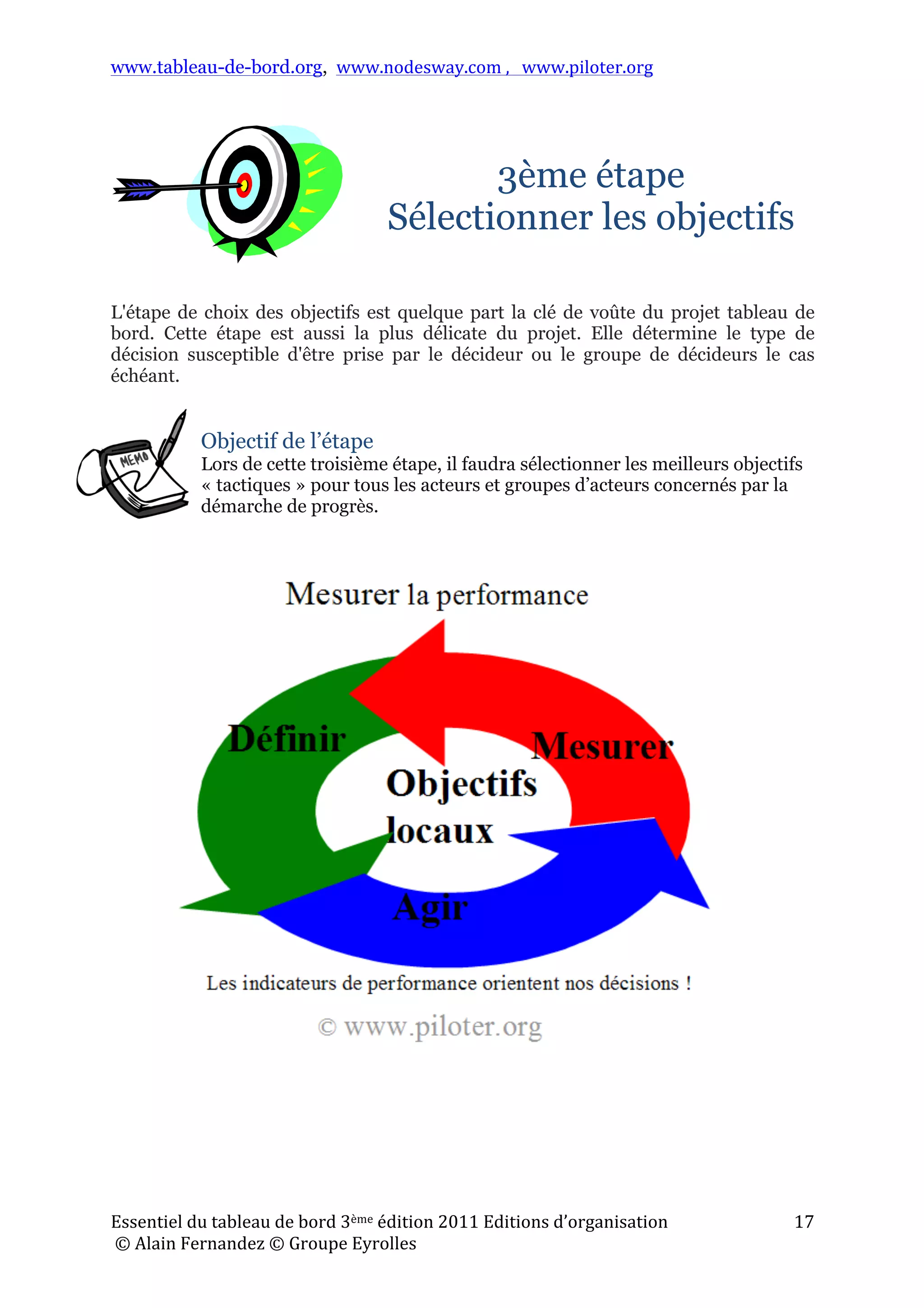 www.tableau-de-bord.org, www.nodesway.com	
  ,	
  	
  	
  www.piloter.org	
  
Essentiel	
  du	
  tableau	
  de	
  bord	
  3ème	
  édition	
  2011	
  Editions	
  d’organisation	
  
	
  ©	
  Alain	
  Fernandez	
  ©	
  Groupe	
  Eyrolles	
  	
  
17	
  
3ème étape
Sélectionner les objectifs
L'étape de choix des objectifs est quelque part la clé de voûte du projet tableau de
bord. Cette étape est aussi la plus délicate du projet. Elle détermine le type de
décision susceptible d'être prise par le décideur ou le groupe de décideurs le cas
échéant.
Objectif de l’étape
Lors de cette troisième étape, il faudra sélectionner les meilleurs objectifs
« tactiques » pour tous les acteurs et groupes d’acteurs concernés par la
démarche de progrès.
!
 