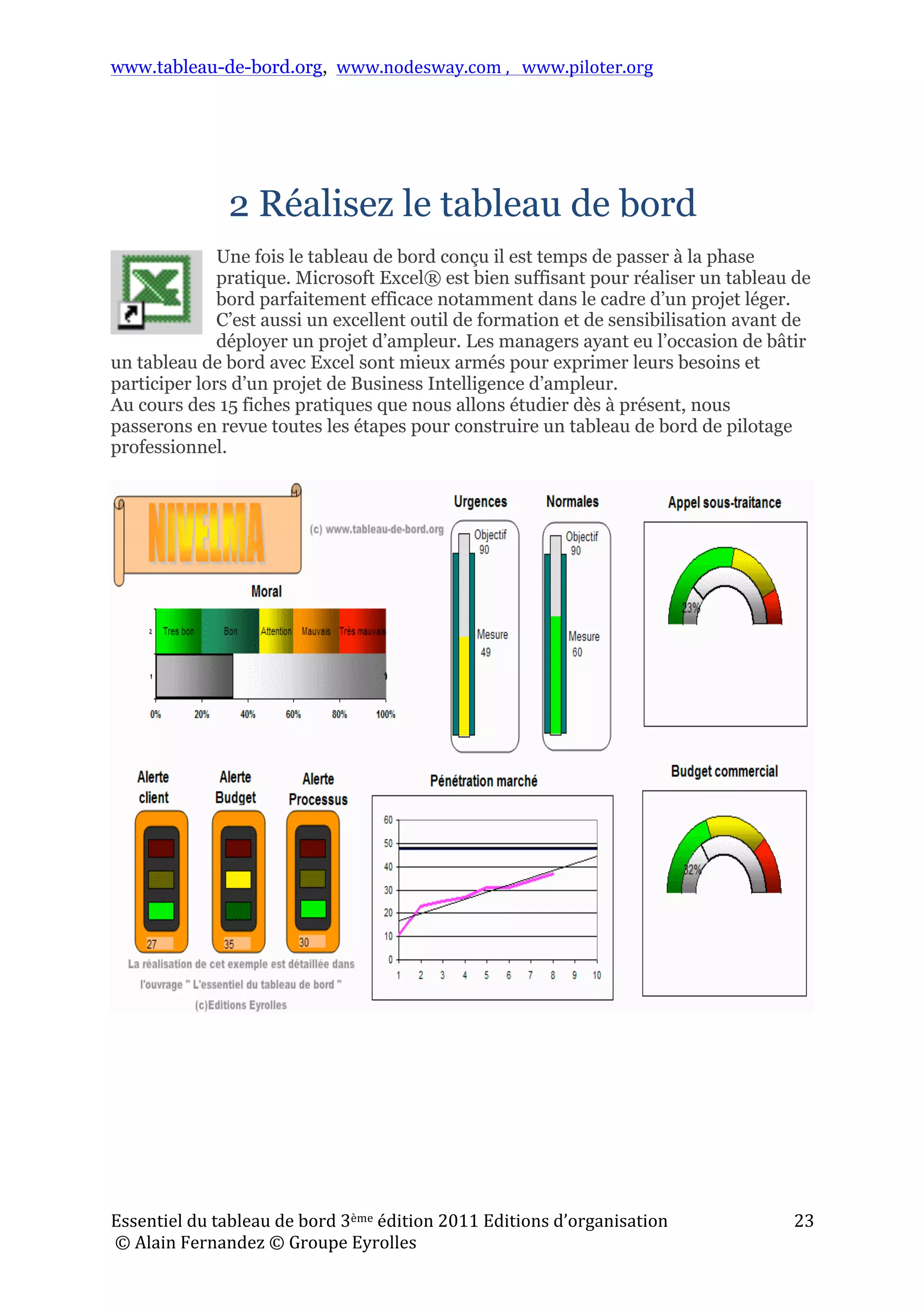 www.tableau-de-bord.org, www.nodesway.com	
  ,	
  	
  	
  www.piloter.org	
  
Essentiel	
  du	
  tableau	
  de	
  bord	
  3ème	
  édition	
  2011	
  Editions	
  d’organisation	
  
	
  ©	
  Alain	
  Fernandez	
  ©	
  Groupe	
  Eyrolles	
  	
  
23	
  
2 Réalisez le tableau de bord
Une fois le tableau de bord conçu il est temps de passer à la phase
pratique. Microsoft Excel® est bien suffisant pour réaliser un tableau de
bord parfaitement efficace notamment dans le cadre d’un projet léger.
C’est aussi un excellent outil de formation et de sensibilisation avant de
déployer un projet d’ampleur. Les managers ayant eu l’occasion de bâtir
un tableau de bord avec Excel sont mieux armés pour exprimer leurs besoins et
participer lors d’un projet de Business Intelligence d’ampleur.
Au cours des 15 fiches pratiques que nous allons étudier dès à présent, nous
passerons en revue toutes les étapes pour construire un tableau de bord de pilotage
professionnel.
 