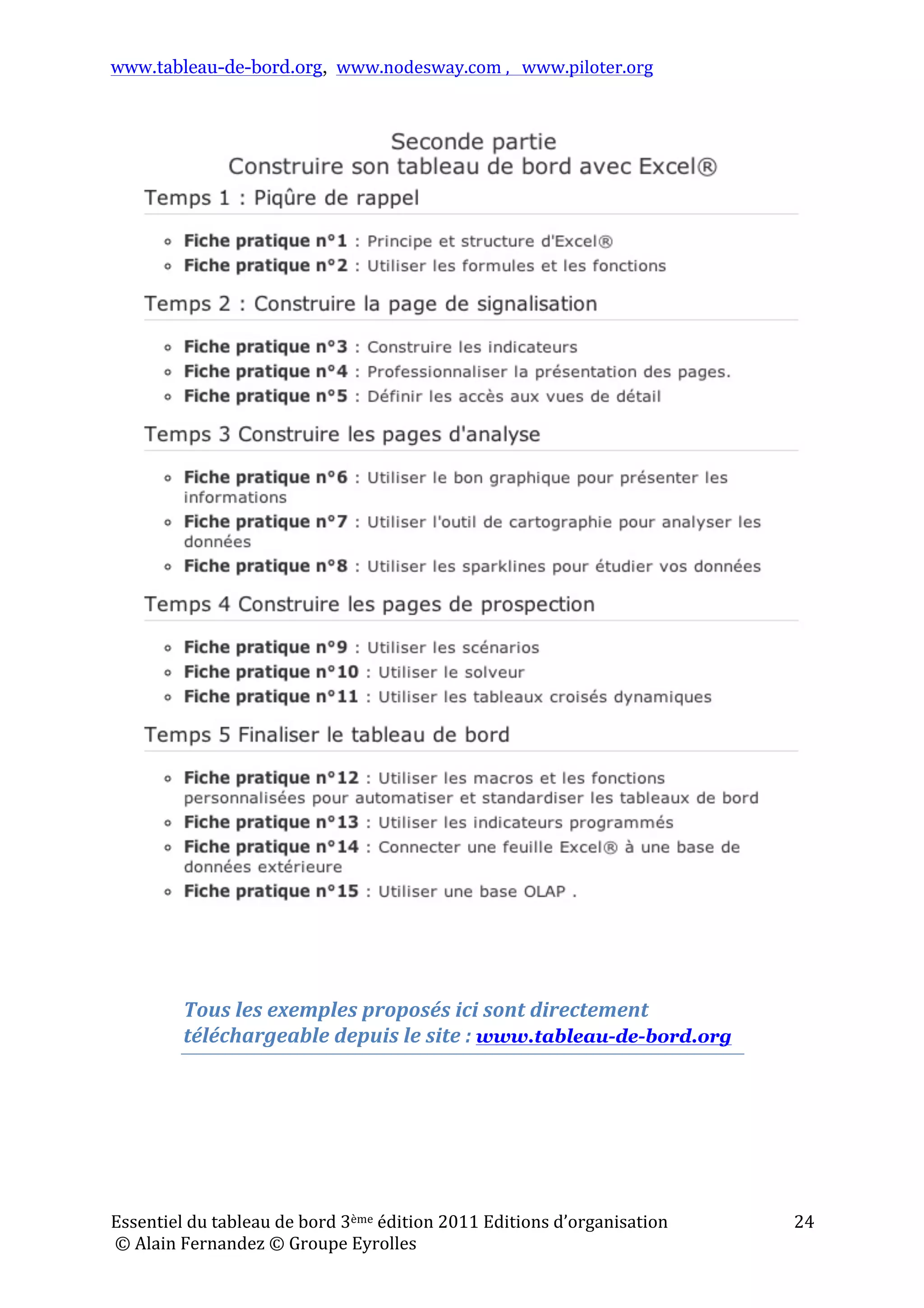 www.tableau-de-bord.org, www.nodesway.com	
  ,	
  	
  	
  www.piloter.org	
  
Essentiel	
  du	
  tableau	
  de	
  bord	
  3ème	
  édition	
  2011	
  Editions	
  d’organisation	
  
	
  ©	
  Alain	
  Fernandez	
  ©	
  Groupe	
  Eyrolles	
  	
  
24	
  
Tous	
  les	
  exemples	
  proposés	
  ici	
  sont	
  directement	
  
téléchargeable	
  depuis	
  le	
  site	
  :	
  www.tableau-de-bord.org	
  
	
   	
  
 