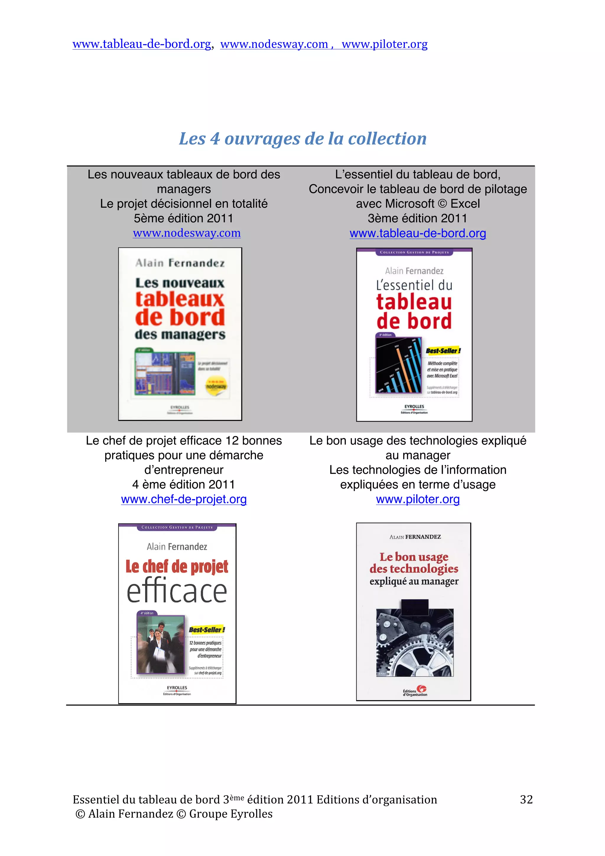 www.tableau-de-bord.org, www.nodesway.com	
  ,	
  	
  	
  www.piloter.org	
  
Essentiel	
  du	
  tableau	
  de	
  bord	
  3ème	
  édition	
  2011	
  Editions	
  d’organisation	
  
	
  ©	
  Alain	
  Fernandez	
  ©	
  Groupe	
  Eyrolles	
  	
  
32	
  
	
  
	
  
	
  
Les	
  4	
  ouvrages	
  de	
  la	
  collection	
  
	
  
Les nouveaux tableaux de bord des
managers
Le projet décisionnel en totalité
5ème édition 2011
www.nodesway.com
Lʼessentiel du tableau de bord,
Concevoir le tableau de bord de pilotage
avec Microsoft © Excel
3ème édition 2011
www.tableau-de-bord.org
Le chef de projet efficace  12 bonnes
pratiques pour une démarche
dʼentrepreneur
4 ème édition 2011
www.chef-de-projet.org
Le bon usage des technologies expliqué
au manager
Les technologies de lʼinformation
expliquées en terme dʼusage
www.piloter.org
	
  
 