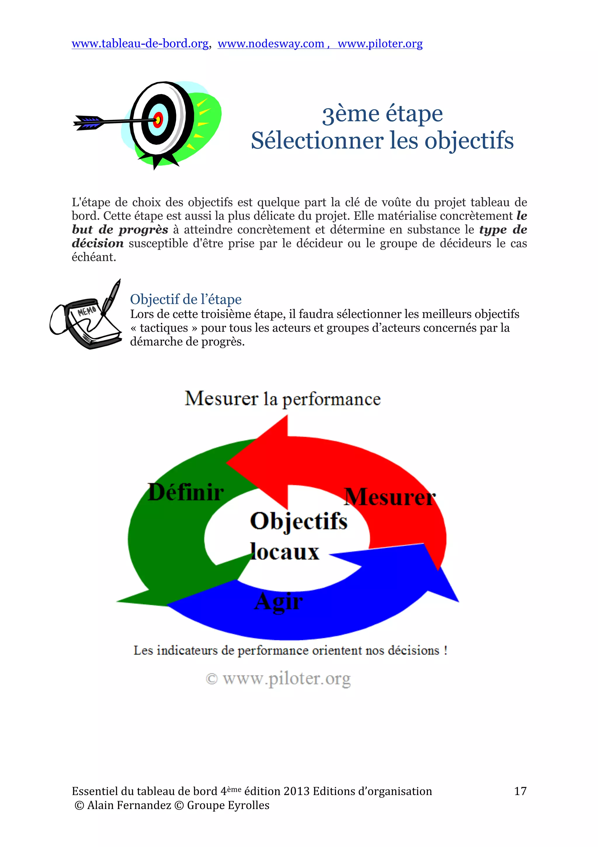www.tableau-de-bord.org, www.nodesway.com	
  ,	
  	
  	
  www.piloter.org	
  
Essentiel	
  du	
  tableau	
  de	
  bord	
  4ème	
  édition	
  2013	
  Editions	
  d’organisation	
  
	
  ©	
  Alain	
  Fernandez	
  ©	
  Groupe	
  Eyrolles	
  	
  
17	
  
3ème étape
Sélectionner les objectifs
L'étape de choix des objectifs est quelque part la clé de voûte du projet tableau de
bord. Cette étape est aussi la plus délicate du projet. Elle matérialise concrètement le
but de progrès à atteindre concrètement et détermine en substance le type de
décision susceptible d'être prise par le décideur ou le groupe de décideurs le cas
échéant.
Objectif de l’étape
Lors de cette troisième étape, il faudra sélectionner les meilleurs objectifs
« tactiques » pour tous les acteurs et groupes d’acteurs concernés par la
démarche de progrès.
!
 
