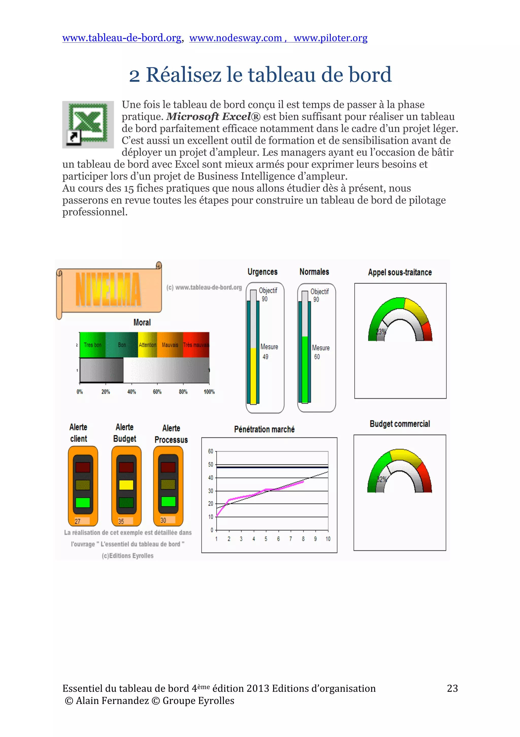 www.tableau-de-bord.org, www.nodesway.com	
  ,	
  	
  	
  www.piloter.org	
  
Essentiel	
  du	
  tableau	
  de	
  bord	
  4ème	
  édition	
  2013	
  Editions	
  d’organisation	
  
	
  ©	
  Alain	
  Fernandez	
  ©	
  Groupe	
  Eyrolles	
  	
  
23	
  
2 Réalisez le tableau de bord
Une fois le tableau de bord conçu il est temps de passer à la phase
pratique. Microsoft Excel® est bien suffisant pour réaliser un tableau
de bord parfaitement efficace notamment dans le cadre d’un projet léger.
C’est aussi un excellent outil de formation et de sensibilisation avant de
déployer un projet d’ampleur. Les managers ayant eu l’occasion de bâtir
un tableau de bord avec Excel sont mieux armés pour exprimer leurs besoins et
participer lors d’un projet de Business Intelligence d’ampleur.
Au cours des 15 fiches pratiques que nous allons étudier dès à présent, nous
passerons en revue toutes les étapes pour construire un tableau de bord de pilotage
professionnel.
 