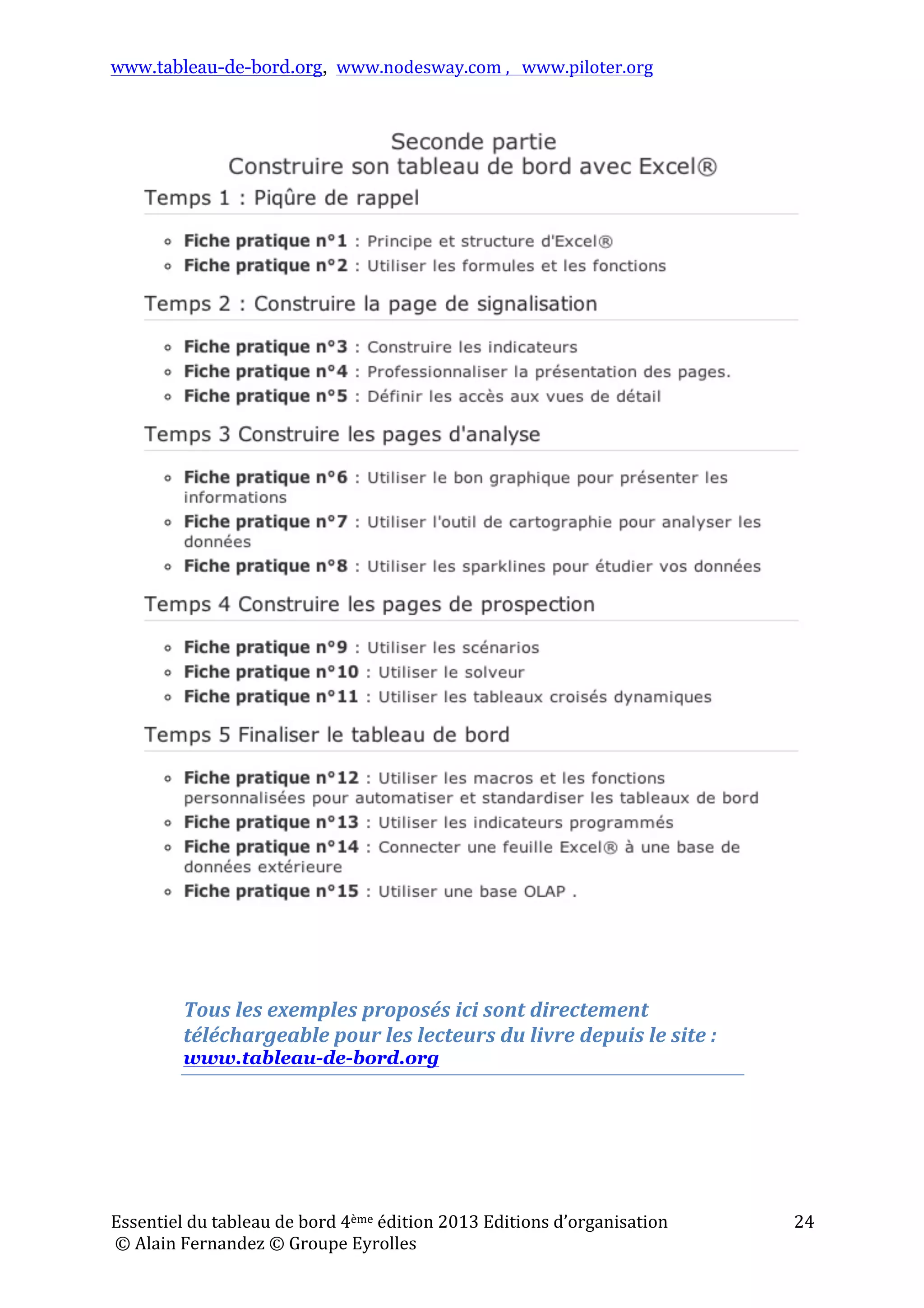 www.tableau-de-bord.org, www.nodesway.com	
  ,	
  	
  	
  www.piloter.org	
  
Essentiel	
  du	
  tableau	
  de	
  bord	
  4ème	
  édition	
  2013	
  Editions	
  d’organisation	
  
	
  ©	
  Alain	
  Fernandez	
  ©	
  Groupe	
  Eyrolles	
  	
  
24	
  
Tous	
  les	
  exemples	
  proposés	
  ici	
  sont	
  directement	
  
téléchargeable	
  pour	
  les	
  lecteurs	
  du	
  livre	
  depuis	
  le	
  site	
  :	
  
www.tableau-de-bord.org	
  
	
   	
  
 