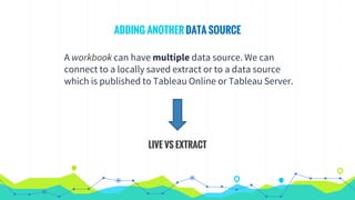 ADDING ANOTHER DATA SOURCE
A workbook can have multiple data source. We can
connect to a locally saved extract or to a data source
which is published to Tableau Online or Tableau Server.
LIVE VS EXTRACT
 