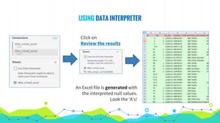 USING DATA INTERPRETER
Click on
Review the results
An Excel file is generated with
the interpreted null values.
Look the ‘A’s!
 
