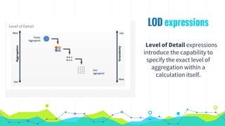 Level of Detail expressions
introduce the capability to
specify the exact level of
aggregation within a
calculation itself.
LOD expressions
 
