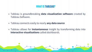 WHAT IS TABLEAU?
◉ Tableau is groundbreaking data visualization software created by
Tableau Software.
◉ Tableau connects easily to nearly any data source
◉ Tableau allows for instantaneous insight by transforming data into
interactive visualizations called dashboards.
 