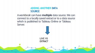 ADDING ANOTHER DATA
SOURCE
Aworkbook canhave multiple data source. We can
connect to a locally saved extractor to a data source
which is published to Tableau Online or Tableau
Server
.
LIVE VS
EXTRACT
 